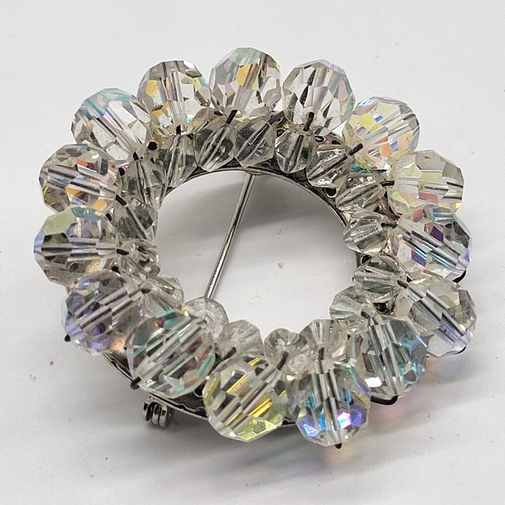 Vintage Aurora Borealis AB Beaded Circle Brooch Pin With Silver Tone Back - Picture 2 of 9